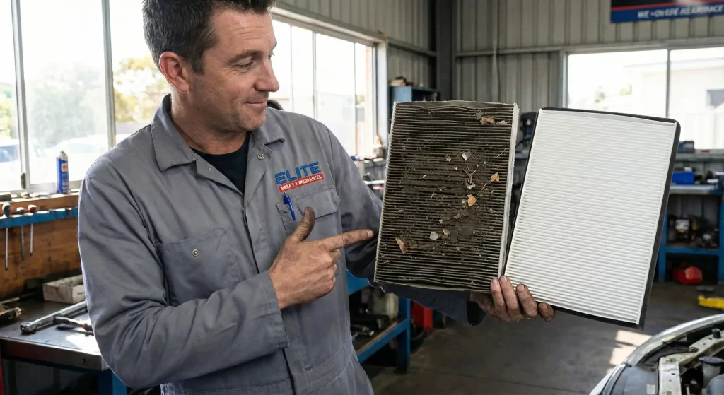 Comparison of dirty vs clean car air filter during a logbook service in Springvale